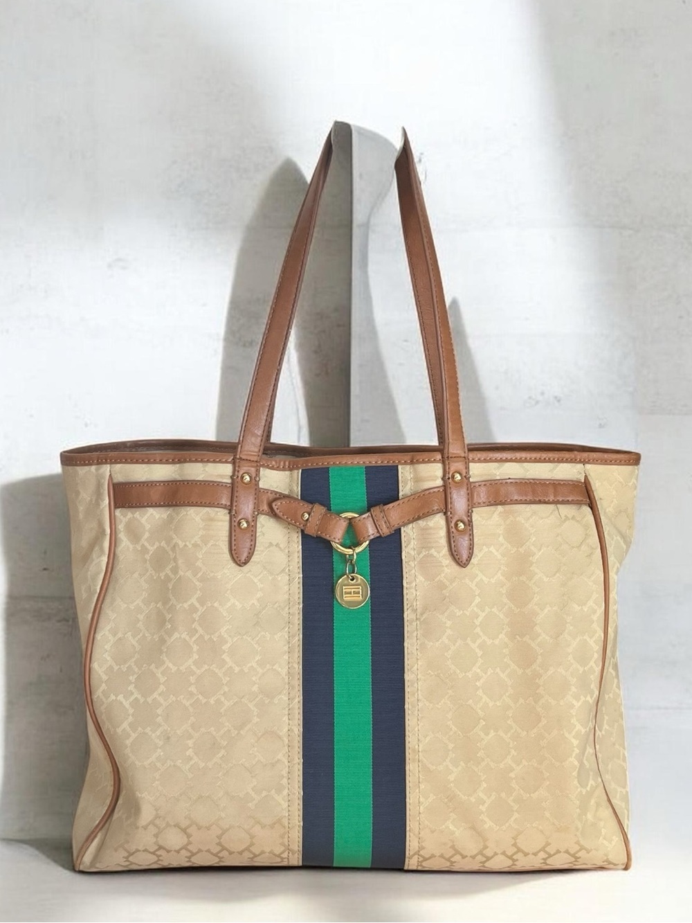 Vintage Tommy Hilfiger Monogram Tote Bag - Green/Blue Stripe